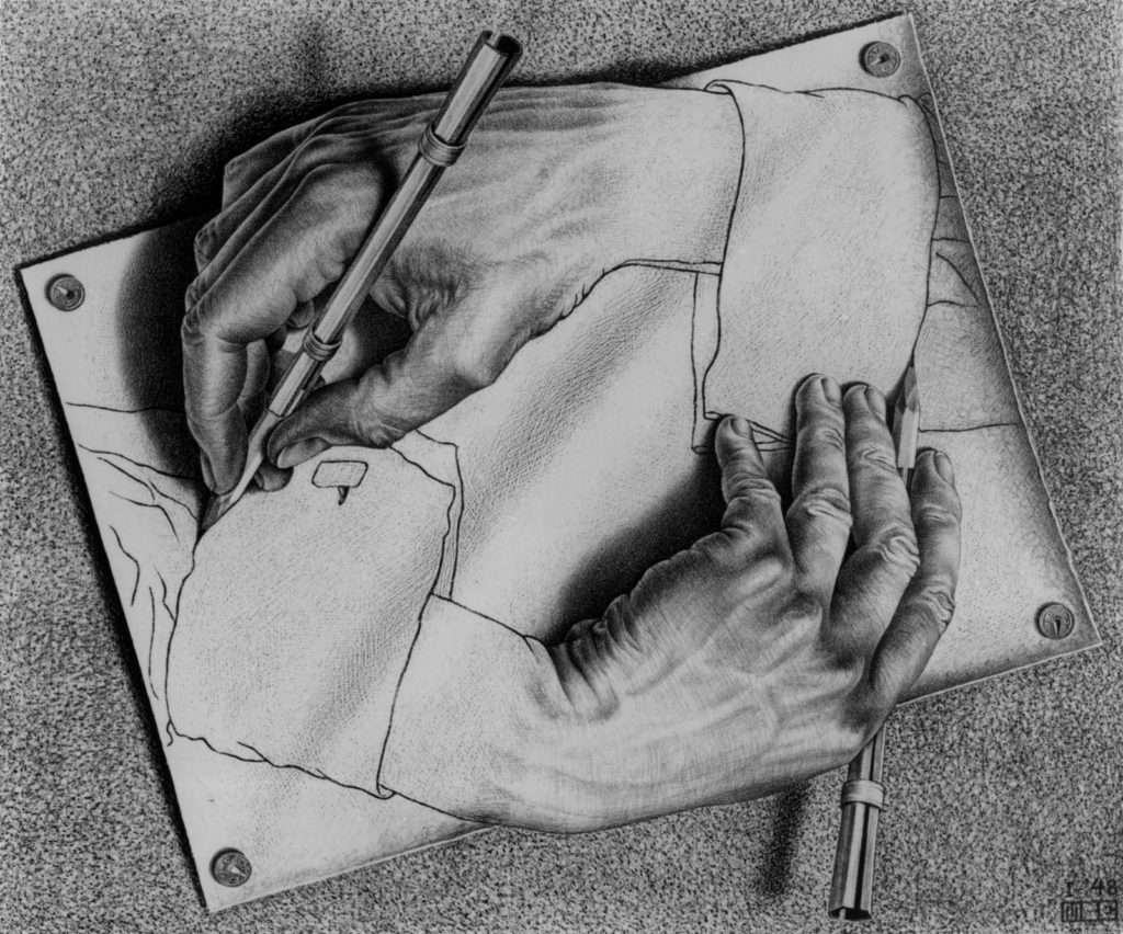 ALT="Matematica e arte - Mani che si disegnano di Escher"