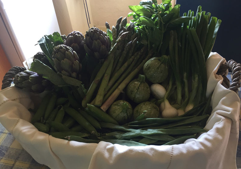 Ricette con gli ortaggi verdi: cesto di stagione con carciofi, asparagi, zucchine, piselli e così via.