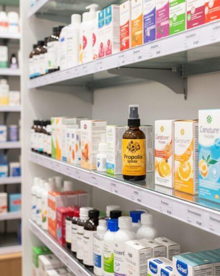 Spray alla propoli in farmacia. Immagine generata da Google Gemini.