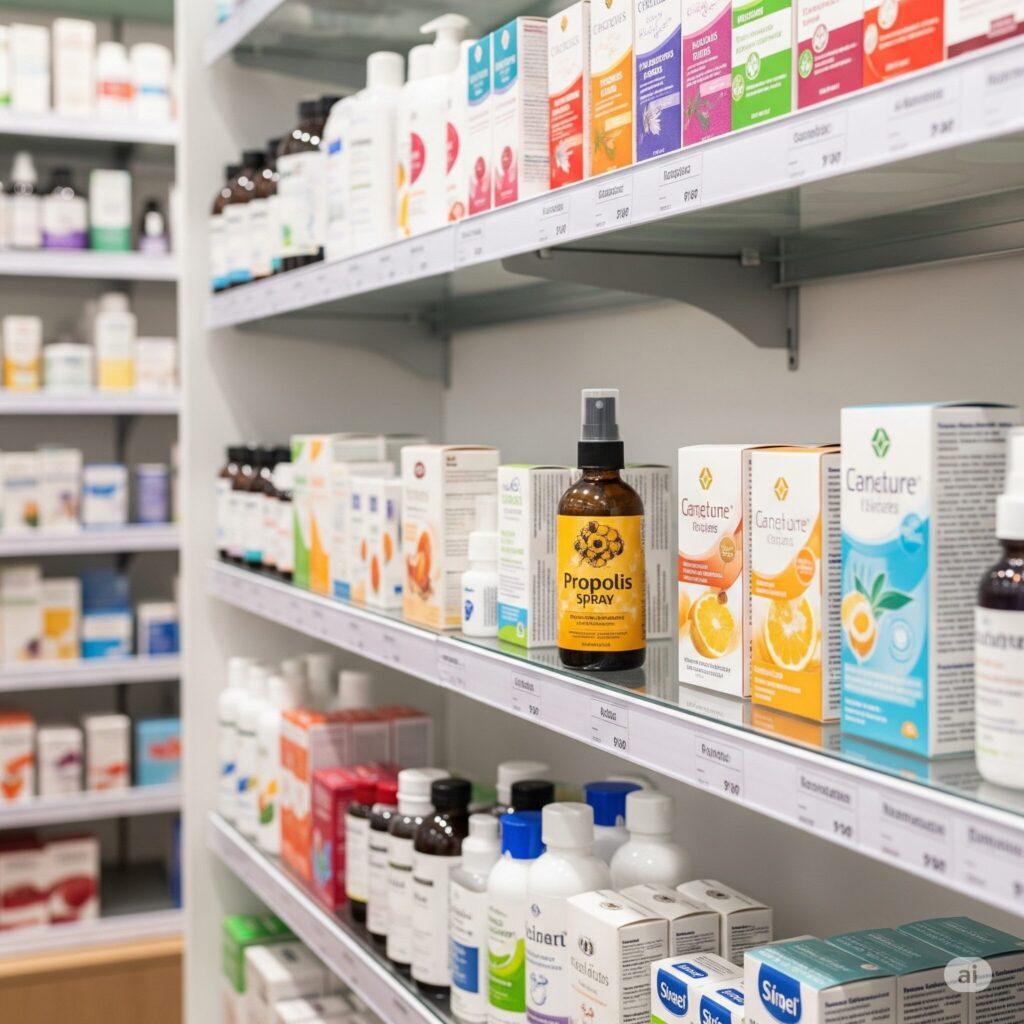 Spray alla propoli in farmacia. Immagine generata da Google Gemini.