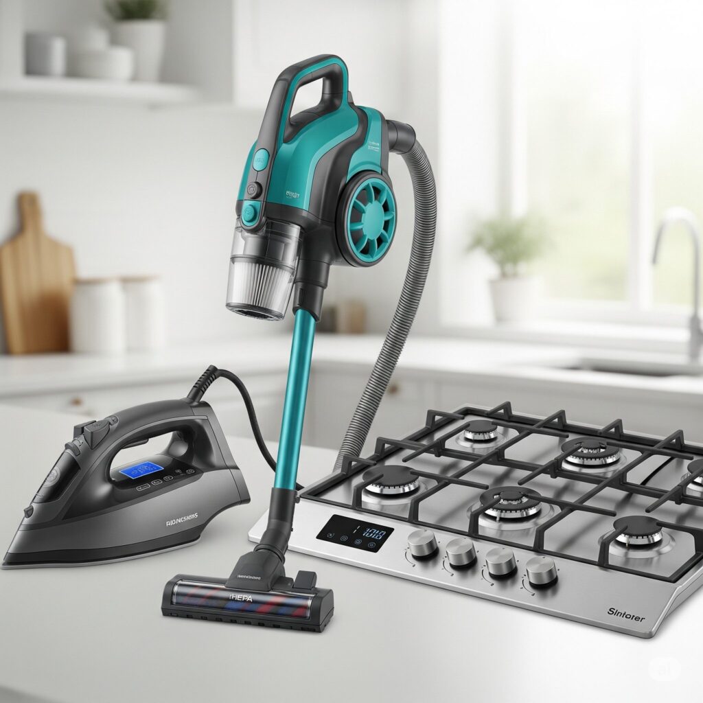 Cucina, aspirapolvere e ferro da stiro. Immagine generata da Google Gemini.