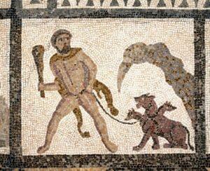 Mostri mitologici: Ercole contro Cerbero in un mosaico di Epoca Romana a Lliria (Valencia, Spagna).