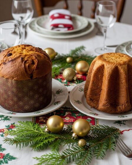 Panettone contro pandoro in una tavola natalizia. Immagine generata da Google Gemini.
