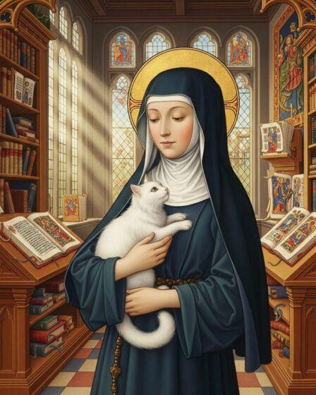 Santa Gertrude di Nivelles, la patrona dei gatti. Immagine generata da Google Gemini.