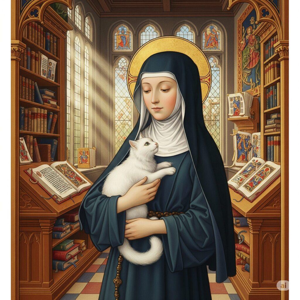 Santa Gertrude di Nivelles, la patrona dei gatti. Immagine generata da Google Gemini.