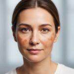 Donna con melasma (macchie brune sul volto). Immagine generata da Google Gemini.
