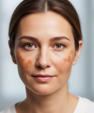 Donna con melasma (macchie brune sul volto). Immagine generata da Google Gemini.