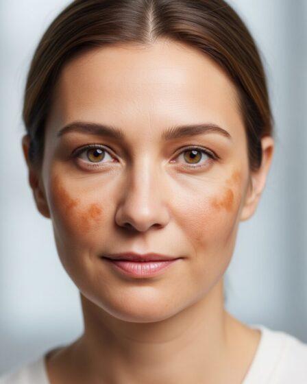 Donna con melasma (macchie brune sul volto). Immagine generata da Google Gemini.