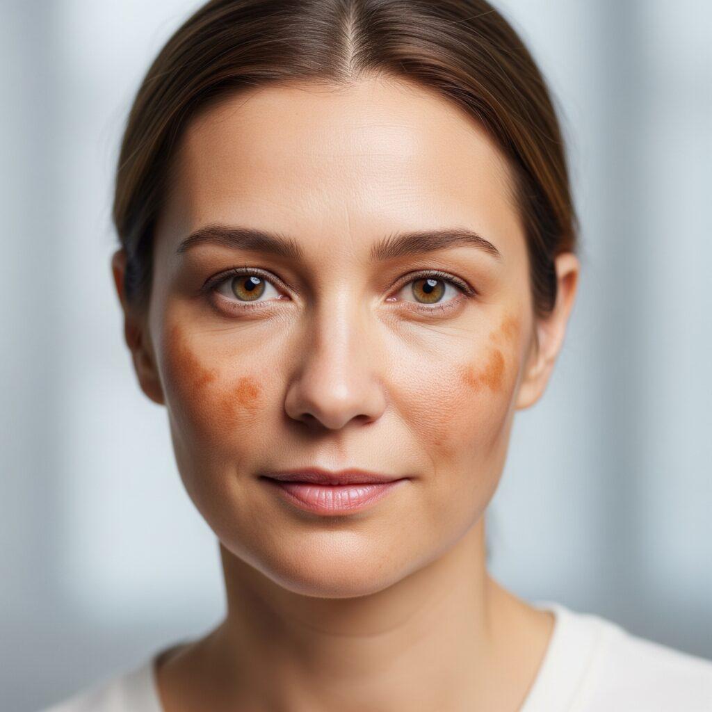 Donna con melasma (macchie brune sul volto). Immagine generata da Google Gemini.