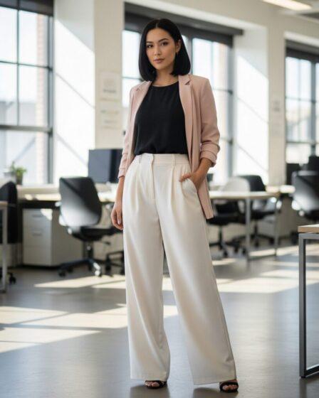 Business casual 2.0 - I pantaloni wide leg sono tra le ultime tendenze in fatto di abbigliamento per l'ufficio. Immagine generata da Google Gemini.