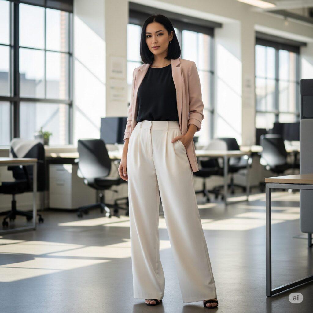 Business casual 2.0 - I pantaloni wide leg sono tra le ultime tendenze in fatto di abbigliamento per l'ufficio. Immagine generata da Google Gemini.